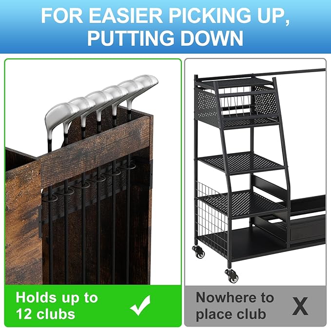 Golf Bag Storage Organizer for Garage, Premium Wooden 2 Golf Bags Rack with Drawer, Easy Assemble Golf Club Stand/Holder Suitable for Garage Home Simulator and Office