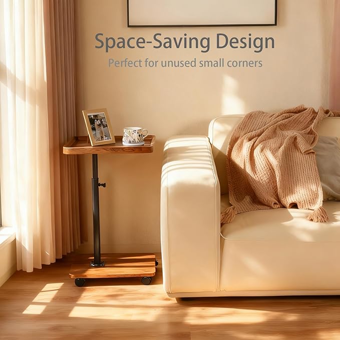 Adjustable Height Couch Tables That Slide Under Sofa, 360° Swivel Modern Tv Tray Table with Wheel, C Shaped End Table for Couch, C Table for Small Place, Perfect for Livingroom, Bedroom