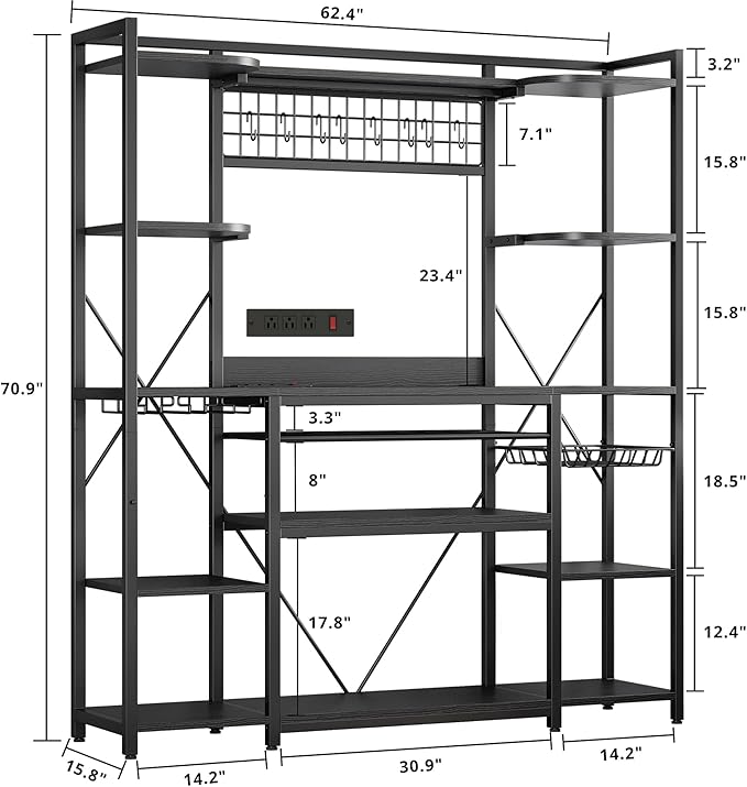 IRONCK Large Bakers Rack with Power Outlet, 62 Inch Wide Microwave Stand, Coffee Bar with Storage, Kitchen Racks and Shelves, Vintage Black