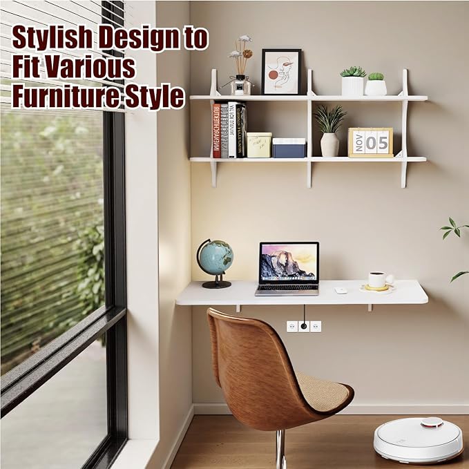 Pmnianhua Wall Mounted Folding Table, 47'' Floating Laptop Desk with Shelves, Foldable Drop Leaf Table, Wall Mount Fold Down Table for Laundry Room Kitchen Bar Home Office Small Space(White)
