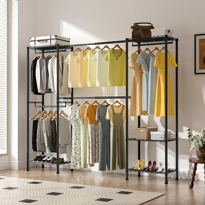 Metal Garment Racks Heavy Duty Clothes Rack Adjustable Freestanding Expandable Industrial Pipe Clothing Rack for Hanging Clothes - 70" L x 16" W x 76.7" H, Black