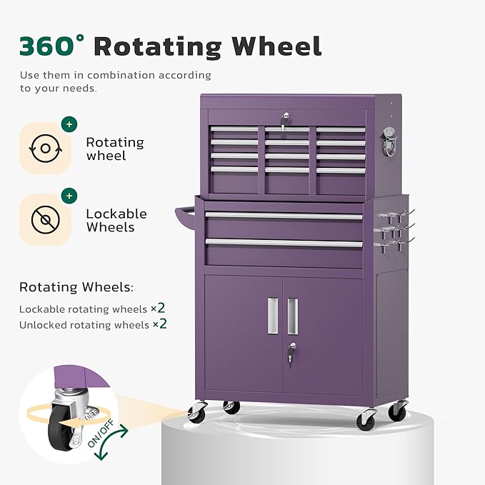 Greenvelly Tool Chest, 8-Drawer Rolling Tool Chest with Hooks and Lockable Wheels,Metal Storage Detachable Top Tool Box with Lockable Wheels for Garage,Workshop,Art Studio(Purple)