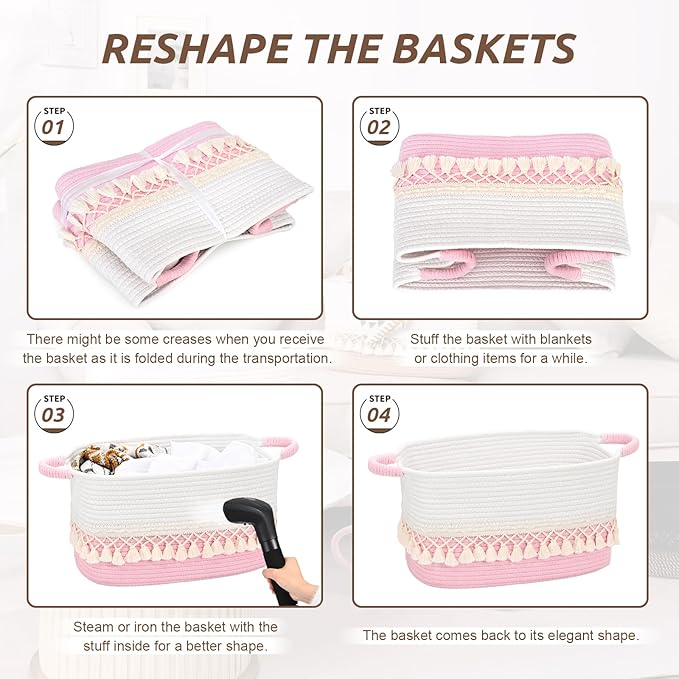 6 Pack Storage Basket for Shelves, Boho Cotton Rope Storage Bins with Heavy Tassel, Shelf Baskets Large Woven Baskets for Organizing, Cube Organizer Bins, Baby Laundry Basket for Clothes, Toys, Pets