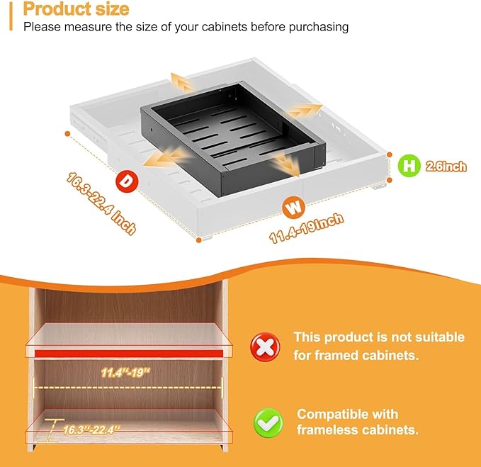 1 Pack Pull Out Cabinet Drawer, Width (11.4"-18.9") & Depth (16.3"-21.6") Expandable Slide Out Cabinet Organizer with Nano Film, No Drill Storage Shelves for Kitchen, Pantry, Bathroom (Black)