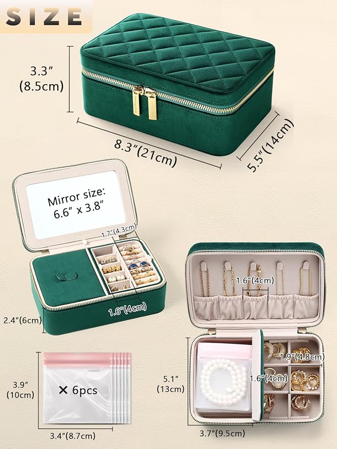 Velvet Travel Jewelry Box with Large Mirror, Double-Layer Jewelry Organizer Case for Women and Girls, Portable Storage Case with 6 Anti-Tarnish Bags Gift Ready for Her (Emerald Green)