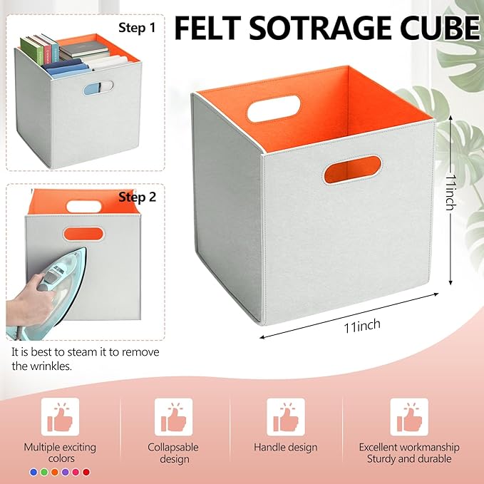 6 Pcs 11 Inch Colorful Felt Storage Cubes with Handle, Collapsible Fabric Storage Cubes Toy Bins Foldable Baskets for Nursery, Playroom, Kids Room, Toys, Books, Clothes(Gray-rainbow)