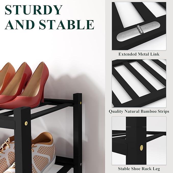 Smiry Bamboo Shoe Rack for Closet, 2 Tier Wooden Stackable Shoe Organizer, Free Standing Shoes Storage Shelf for Entryway, Front Door Entrance, Black