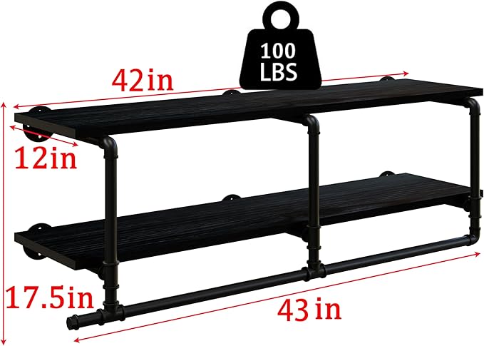 Wall Mounted Clothes Rack 12 Inch Deep, 42in Heavy Duty Garment Rack with Real Black Wood Shelf, Multi-Purpose Hanging Rod & Space-Saving Closet Storage Organizer