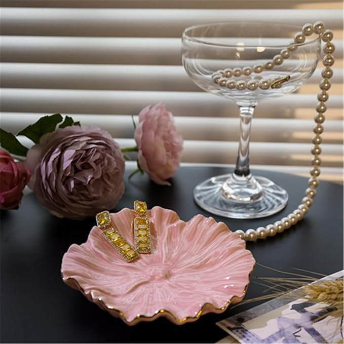 Flower Ring Dish, Ceramic Ring Holder Jewelry Tray Trinket Dish, Fairy Organizer Plate Vanity Decorations, Gifts for Friends Sisters Daughter Mother (Pink)