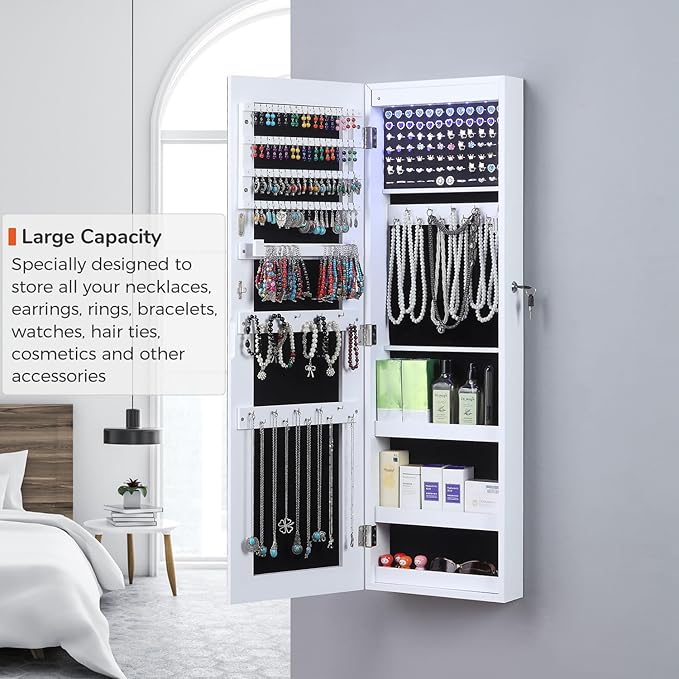 GISSAR Full Length Mirror Jewelry Cabinet, 6 LEDs Jewelry Armoire Wall Mounted Over The Door Hanging, Jewelry Organizer Display Storage Furniture with Lights Locker Mirrored Cabinet, 39.4" H, White