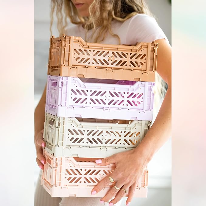 Collapsible Storage Box, Foldable Crate Organizer Bin with Handle, Stackable Crates for Home Organization (Pink-Blue-Cream, 4L - 3-Pack)
