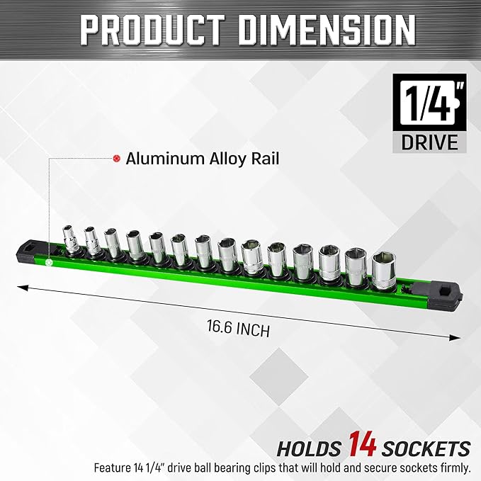 ALOANES 1/4-Inch Drive Magnetic Socket Organizer, Heavy Duty Aluminum Socket Rail Organizer, 360° Swivel Clips Socket Holder Kit for Tool Box, 1/4-Inch Socket Holder x 14 Clips (Green)