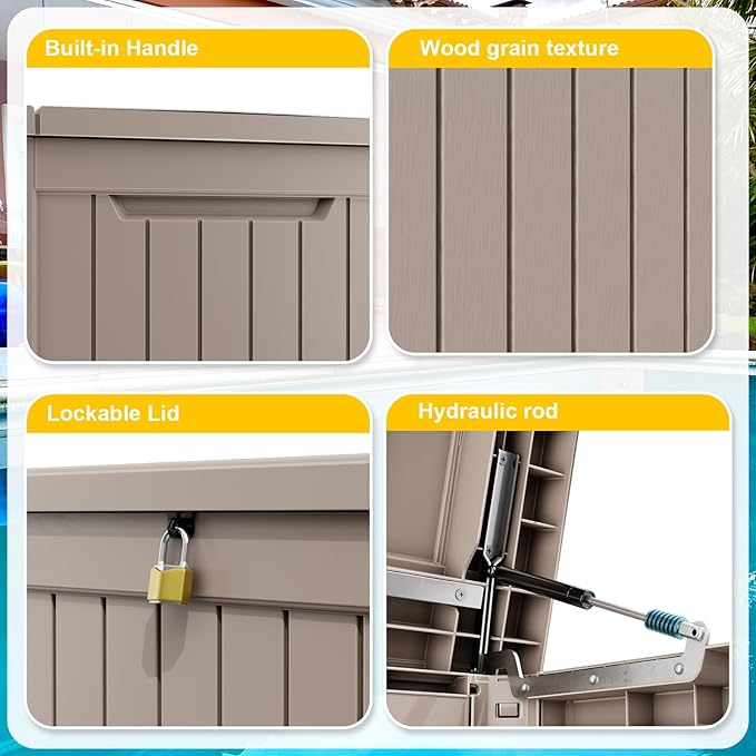 280 Gallon Resin Deck Box, Lockable Outdoor Storage Box for Patio Cushions Storage Furniture,Garden Tools, Pool Supplies, Weatherproof and UV Resistant（Grey）