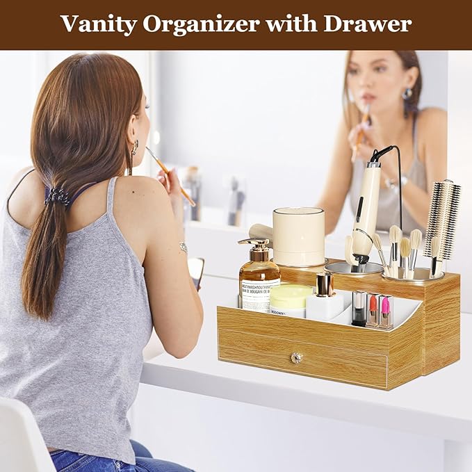 Acrylic Hair Dryer Holder with Drawer, Bathroom Organizer Countertop Drawers with 3 Stainless Cups, Makeup Vanity Accessories, Hair Hot Tools Organizer, Toiletry, Wood