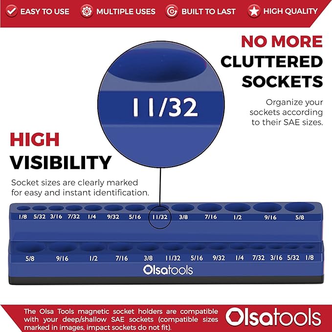 Olsa Tools Magnetic Socket Organizer | 1/4-inch drive | SAE BLUE | Holds 26 Sockets | Professional Quality Tools Organizer