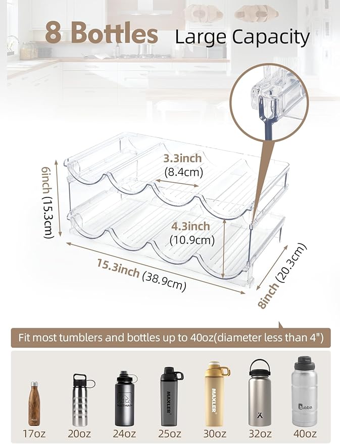 Water Bottle Organizer - 2 Pack Clear Stackable Storage Rack for Stanley Yeti and Other Tumblers - 2 Tier Wine Rack Holds 8 for Kitchen Cabinets