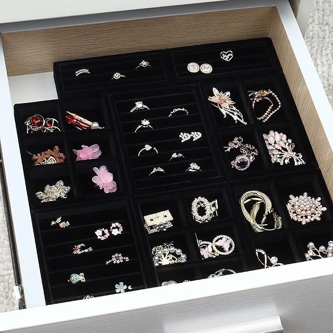 DesignSter Small Jewelry Tray-Ring Organizer 2PCS Premium Velvet Rings Earrings Display Tray Storage Insert Holder for Jewelry Box, Drawer, Dresser (4 Grids, Black)