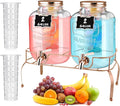 Lallisa 2 Pcs 2 Gallon Glass Drink Dispenser with Stand Ice Cylinder Hanging Chalkboard Signs 18/8 Stainless Steel Spigot Beverage Dispensers for Parties Mason Jar Drink Lemonade (Rose Gold)