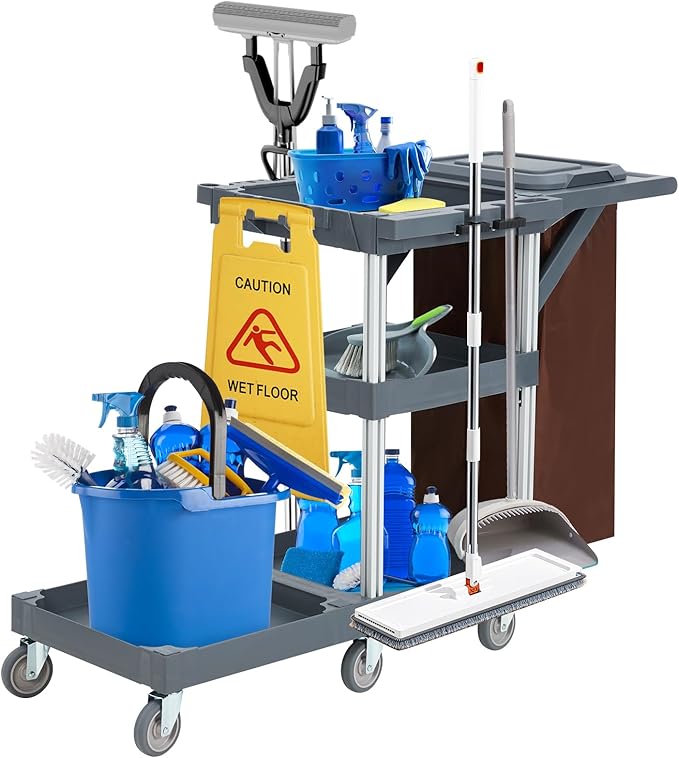 Commercial Janitorial Cart, 3-Shelf Housekeeping Cleaning Cart with Wheels, Cover, Shelves, and Oxford Bag, Traditional Janitorial Cart for School Hotel Apartment