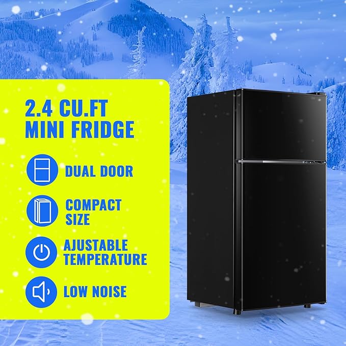 2.4 Cu.ft Mini Fridge Dual Door Small Refrigerator with Freezer Apartment Size Fridge for Personal Senven Temp Gear Black