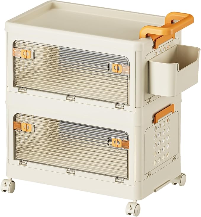 58 QT Stackable Storage Bins with Lids, Rolling Storage Cart with Clear Doors, Utility Storage Organizer Cart Drawer, Plastic Cabinet Storage Containers for Home, Office, Kitchen, Bedroom, White