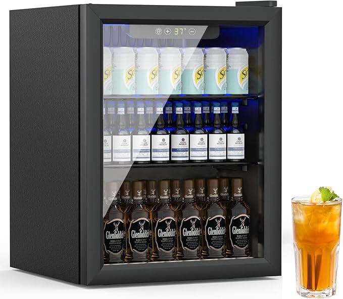 70 Can Freestanding Beverage Refrigerator, 1.6 Cu. Ft Drink Fridge with Quiet Compressor and Temperature Control, Small Refrigerator with Adjustable Shelves for Soda, Beer or Wine