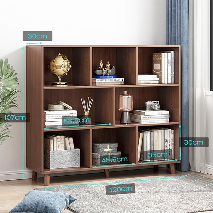 IOTXY Open Cube Low Bookcase - 3-Tier Freestanding Storage Display Cabinet Organizer with Legs for Home Office, 8-Cubes Open Shelf Short Bookshelf, Walnut