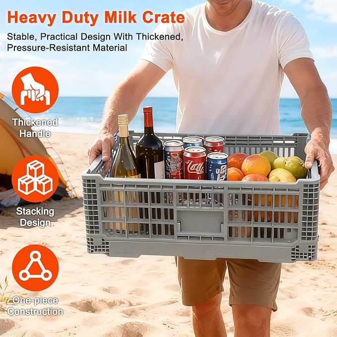 Collapsible Milk Crates for Storage, 52L Storage Crates, Heavy Duty Milk Crate, Plastic Storage Bins Containers for Organizing, Grocery & Camping (1 pack) (23.64" W x 15.76" L x 8.67" H)