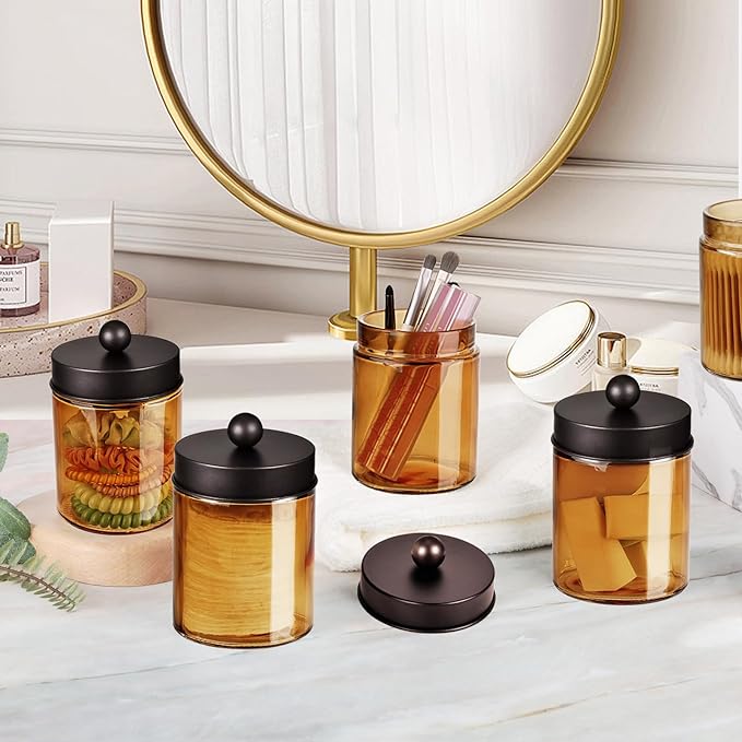 Amolliar Bronze Glass Apothecary Jar With Metal Lid & Stickers, Bathroom Qtip Dispenser Storage Canister, Perfect for Cotton Balls, Cotton Swabs, Makeup Pads, Bath Salt, Floss,4 Pack (Bronze)