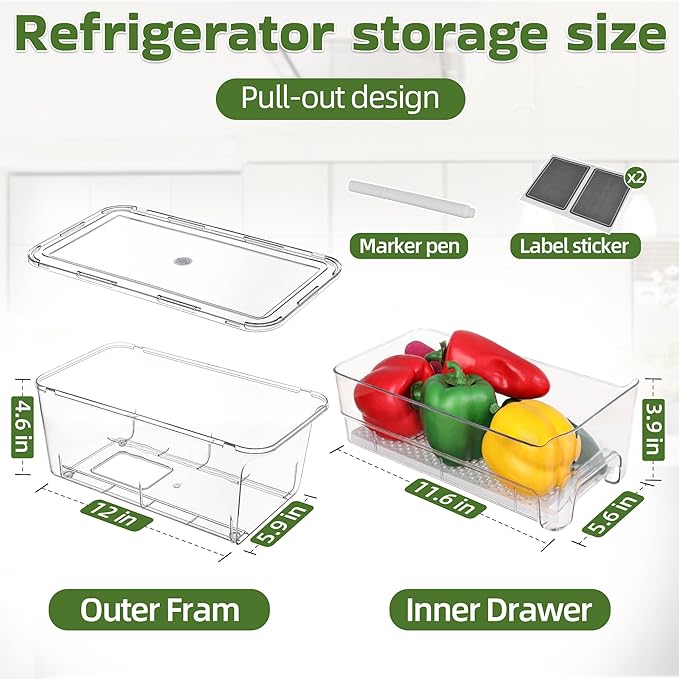 Large Fridge Organizer Drawers, 4 Pack Stackable Fruit and Vegetable Storage Containers, Clear Pull-Out Refrigerator Organizer Bins for Kitchen, Refrigerator, Pantry, Cabinet, Freezer