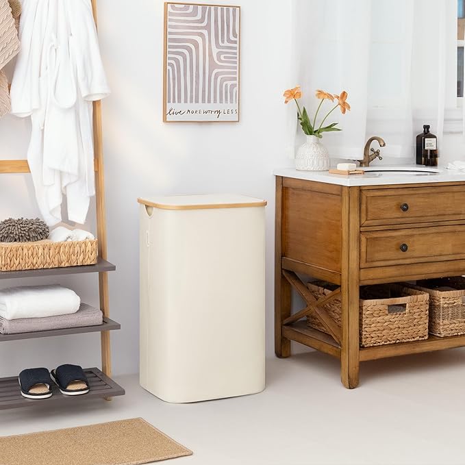 StorageWorks 100L Large Laundry Hamper with Lid, Tall Laundry Basket with Bamboo Handles and 1 Removable Inner Bag, Collapsible Laundry Hamper for Clothing, Towels, Beige, 1-Pack