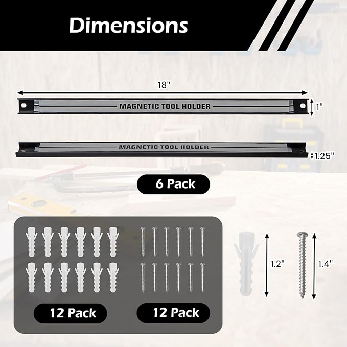 18" Magnetic Tool Holder Strip, 6 Pack Magnet Bar with Mounting Screws, Heavy Duty Magnetic Strips Tool Organizer for Garage Shop Workbench Kitchen Organization (Sliver)