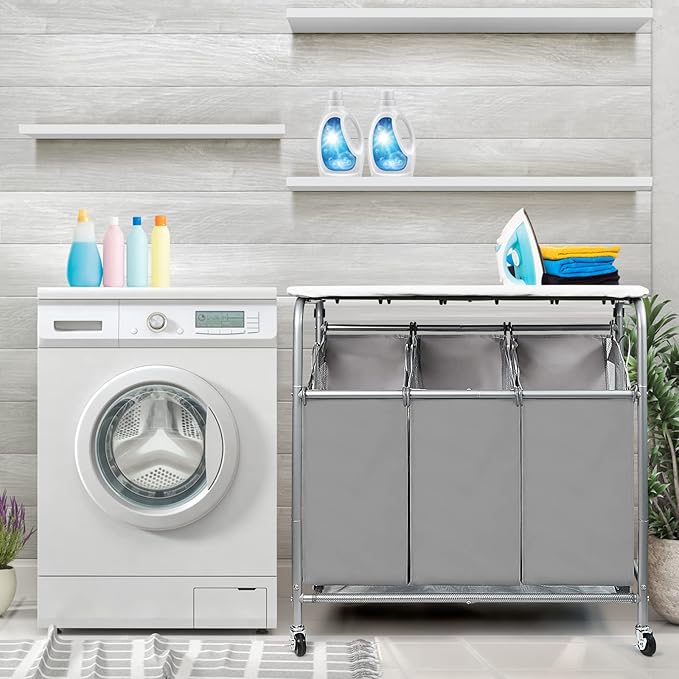 3 Bags Laundry Sorter Cart, Heavy Duty Rolling Laundry Hamper Sorter with Ironing Board(Grey)