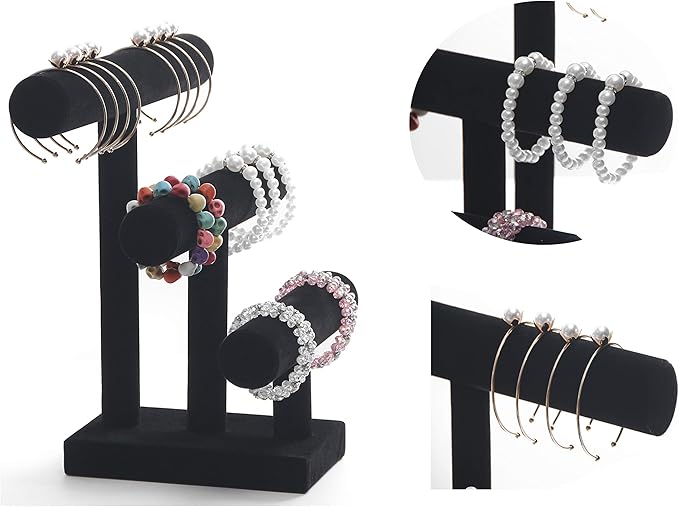 Wuligirl 3 Tier Bracelet Holder T-Bar Jewelry Stand Velvet Jewelry Holder Jewelry Display Bangle Organizer Storage Holder Velvet Black (3T Bar)