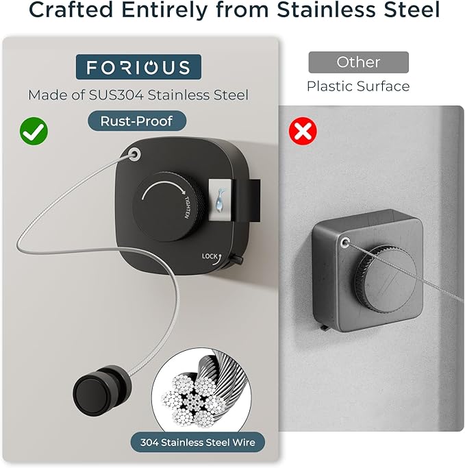 FORIOUS Retractable Clothesline Indoor, 13.8 Ft Non-Sagging Outdoor Clothes Line, Rustproof All Stainless Steel Heavy Duty Clothes Drying Laundry Line, Screw Wall Mounted for Bathroom, Matte Black