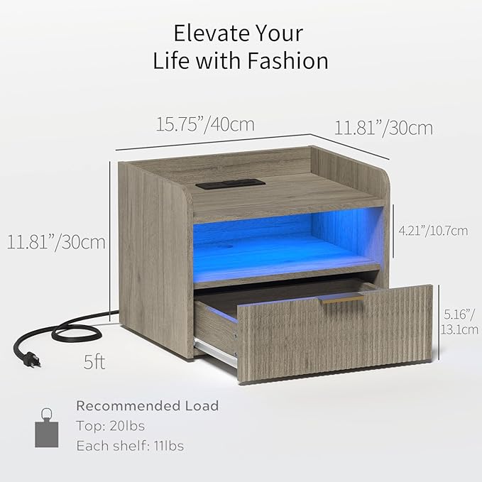 White Floating Nightstand with Charging Station and LED Lights (Grey)