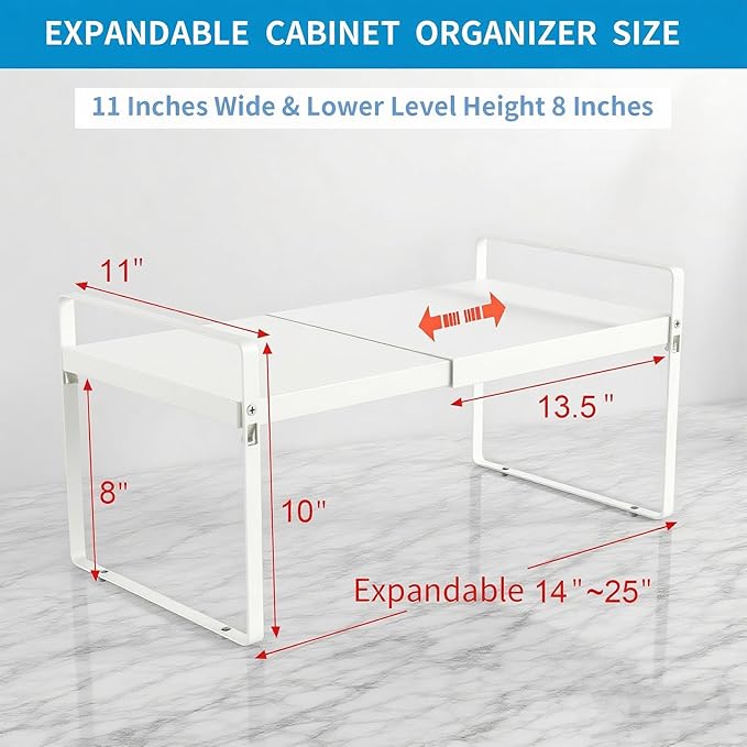 Expandable Cabinet Shelf Organizer 14-25 Inch Adjustable Length, 11" Wide 2-Tier (8" Bottom Layer) Metal Storage Rack for Kitchen Pantry, Under Sink Countertop - Heavy Duty White(1 Pack)