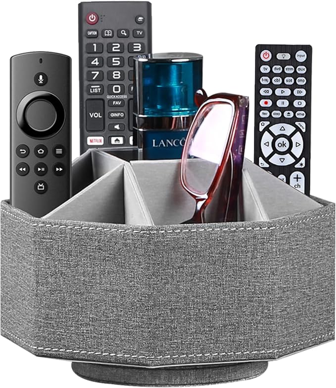 Swivel Remote Control Holder, 9 Rooms Desk Organizer and Decorations for Living Room, Leather Bedside Storage Caddy for TV Controllers/ Makeup Brush Pen/ Office Stationery/ Art Supplies/ Eyeglasses