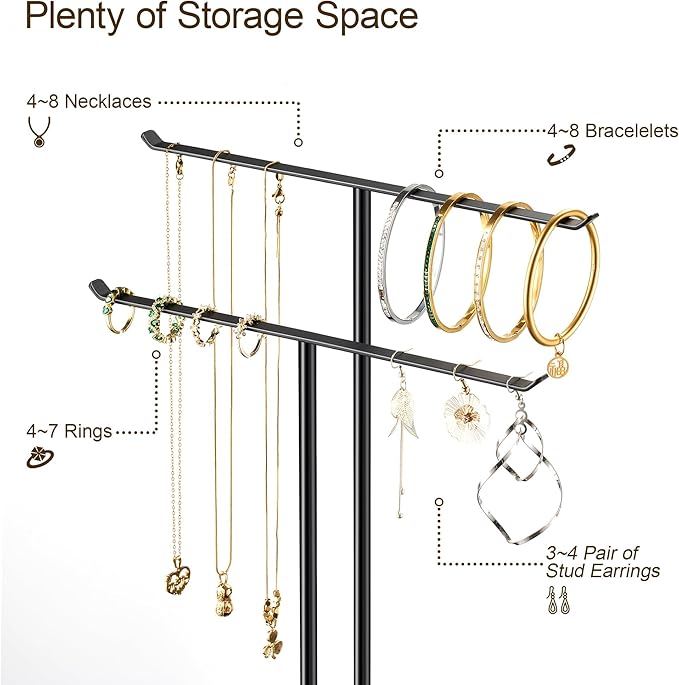 pickpiff Necklace Holder Jewelry Organizer Stand – 2‑Tier T‑Bar Jewelry Display Tree with Tray for Countertop Necklace Bracelet Earring Storage, Vanity Dresser Bathroom Sink, Black