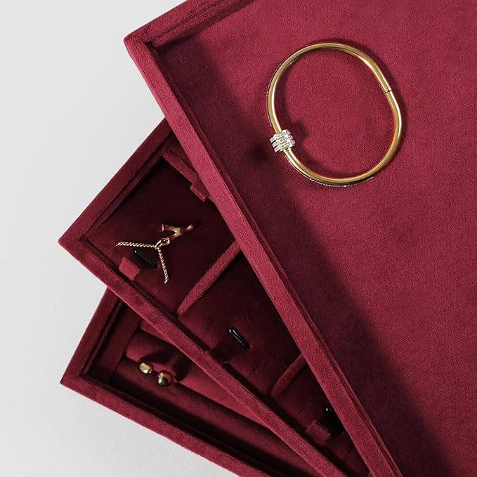 Velvet Stackable Jewelry Display Flat Tray For Ring Earring Necklace Bracelet, Bangle Pendant Storage Blank Plate, Shop Countertop Jewelry Dish Organizer (Red)