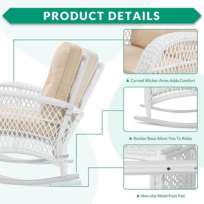 VIVIJASON 2 Piece Patio Wicker Rattan Rocker Chair, Outdoor Rattan Rocker Chair with Cushions & Steel Frame, All-Weather Rocking Lawn Wicker Furniture for Garden Backyard Porch (White Wicker/Beige)