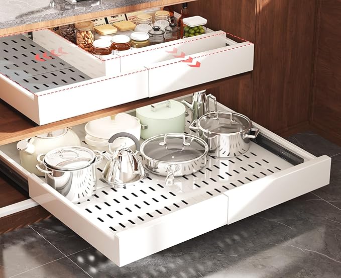 2 Pack Pull Out Cabinet Organizer Expandable Width(15"-25") and Depth(17"-24"),Slide Out Drawers With Raising Pad for Framed Cabinets,No Drill Roll Out Shelves for kitchen,Bathroom,White