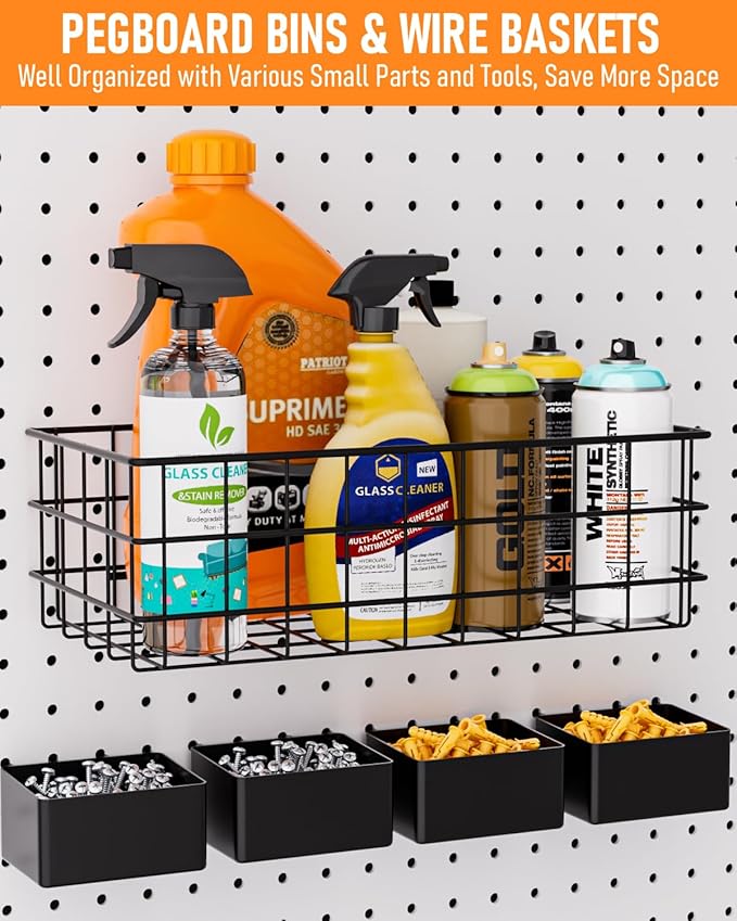 INCLY 238PCS Pegboard Accessories Organizer Kit, Peg Board Hooks Assortment with Peg Bins, Baskets, Paper Towel Holder for 1/8 and 1/4 inch Pegboard Hanging Tools, Garage Wall Storage Attachments