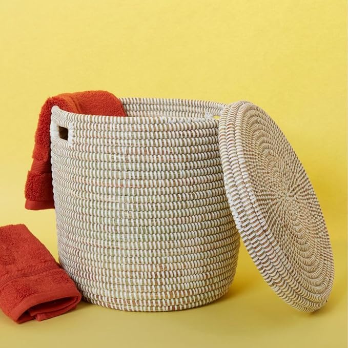 Small White Storage Basket - Laundry Hamper, Baby Nursery Toys Bin, Living Room Blankets Storage, Towels Holder, Organizing, Decorative - Wicker, Woven, Lid, Handles