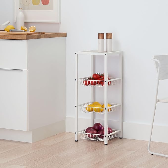 TRINITY 4-Tier Freestanding Metal Shelving Rack with Wire Baskets, Wood Top, and Adjustable Feet, 12"x12"x30", White + Gray-Wash Top
