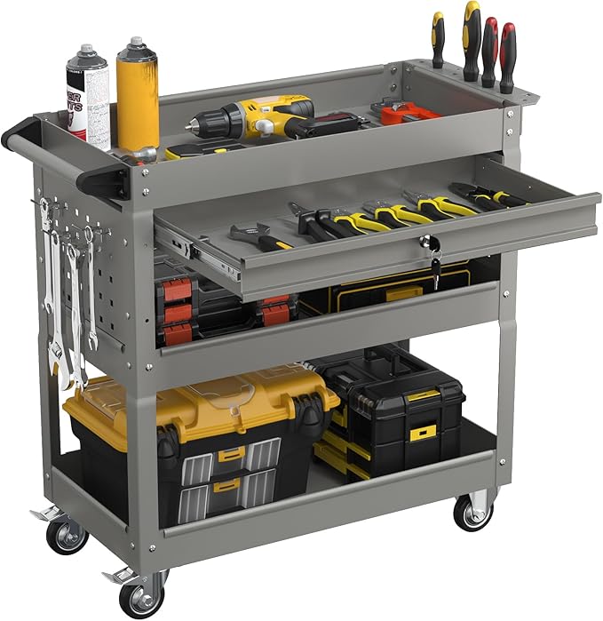 3 Tier Rolling Tool Cart with Drawers, Heavy Duty Utility Cart on Wheels, Large Storage Capability Service Cart for Garage, Warehouse and Repair Shop (Grey)