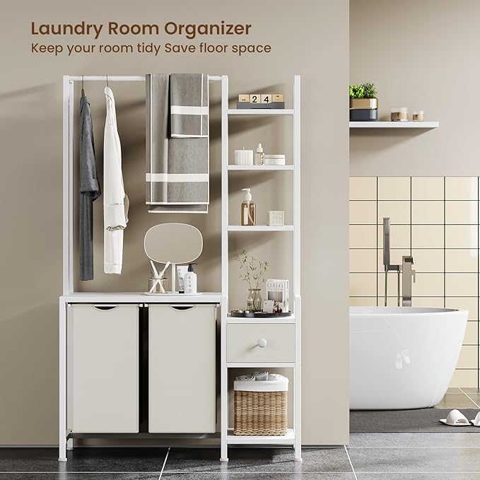 Laundry Hamper with Shelf, 5 Tiers Tall Laundry Basket Sorter with 2 Pull-Out and Removable Bags, Clothes Rack with Laundry Sorter for Laundry Room Bathroom Bedroom, White