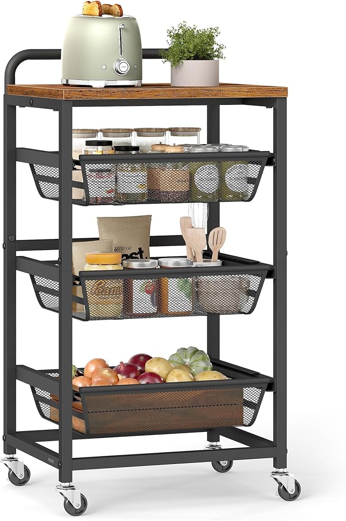 VASAGLE Storage Cart with Pull-Out Baskets, 4-Tier Kitchen Cart with Wheels, Handle, 12.5 x 15.8 x 29.9 Inches, Rustic Brown and Ink Black ULRC040K01
