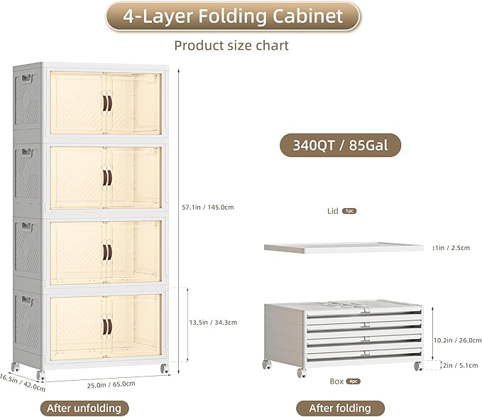 340 QT / 85 Gal Heavy Duty Double Door Storage Cabinet - Magnetic Closure, Foldable Stackable Design with Wheels & Leather Handles, Plastic Organizer for Garage/Bedroom