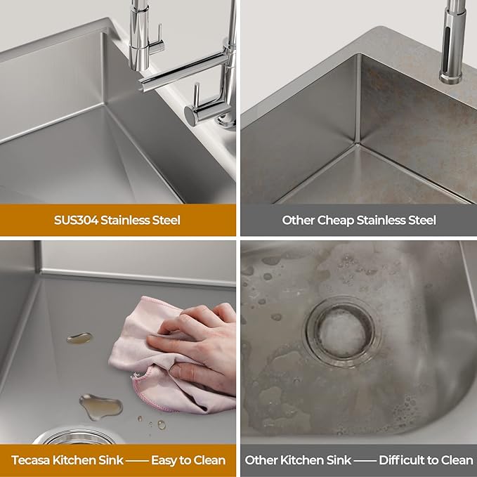 33 x 22 Drop-In/Undermount Kitchen Sink, TECASA Single Bowl Kitchen Sink with Pull Down Faucet, 18-Gauge T-304 Stainless Steel Basin with Workstation